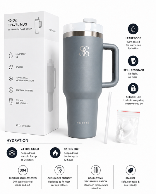 S&S HYDRATE 40 oz Insulated Travel Tumbler with Handle & Straw – 1.18 L