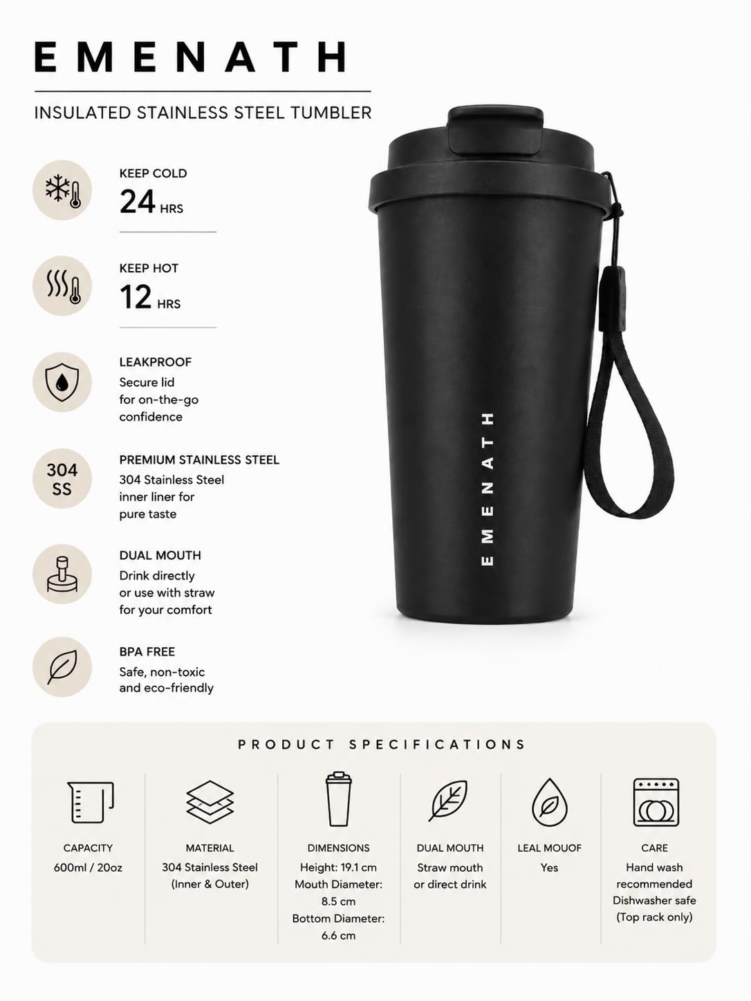 Insulated Stainless Steel Tumbler 600ml