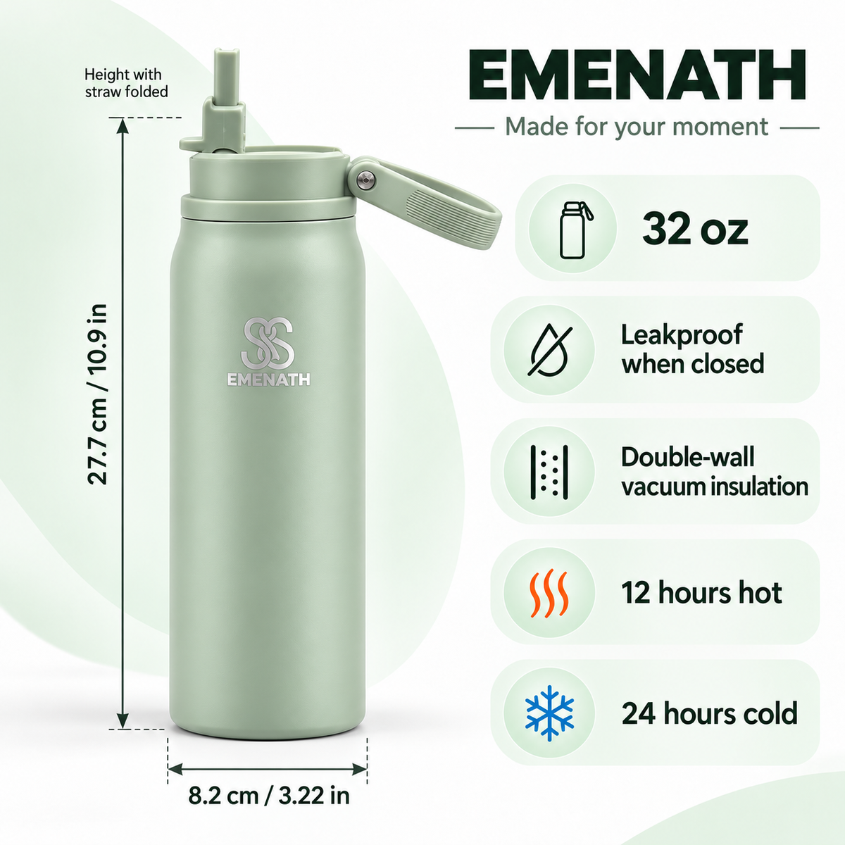 EMENATH 32 oz (950ml) Insulated Stainless Steel Water Bottle with Carry Handle