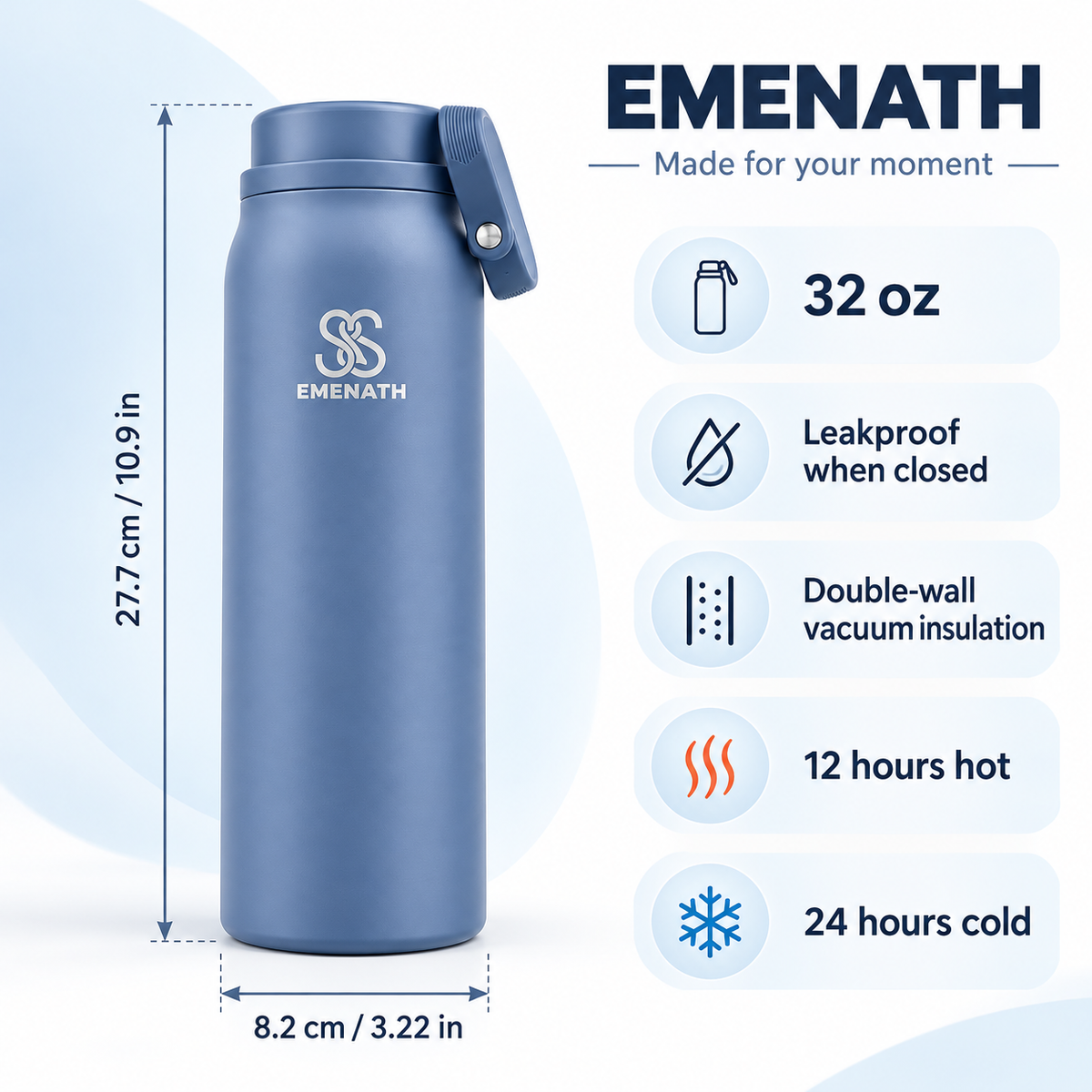 EMENATH 32 oz (950ml) Insulated Stainless Steel Water Bottle with Carry Handle
