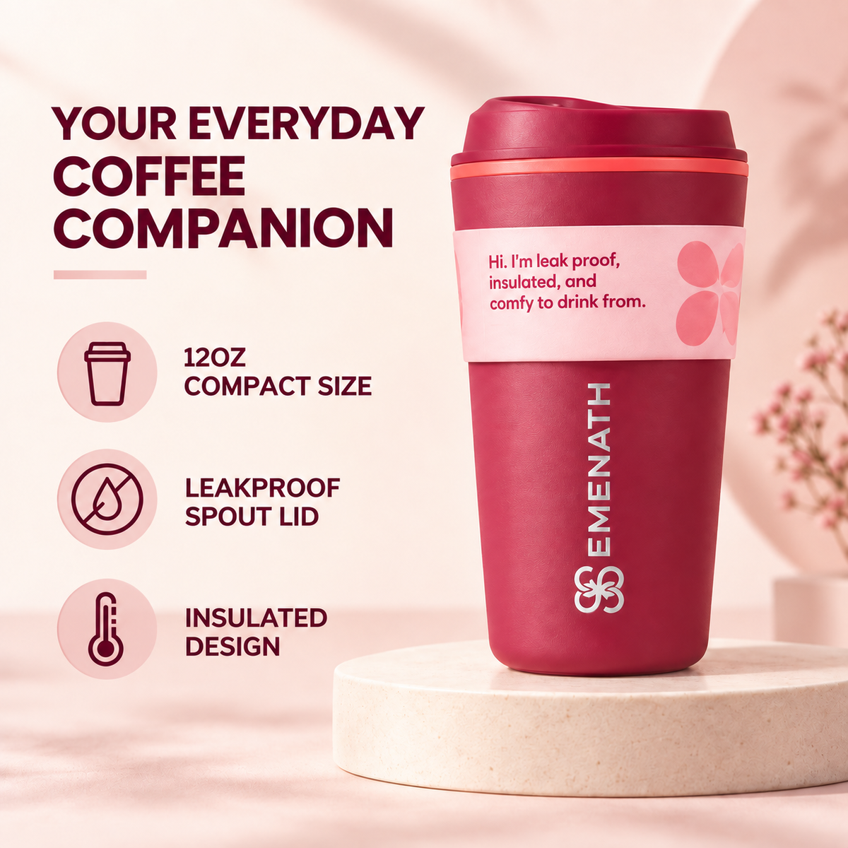 EMENATH 12 oz (355 ml) Reusable Coffee Travel Cup with Lid